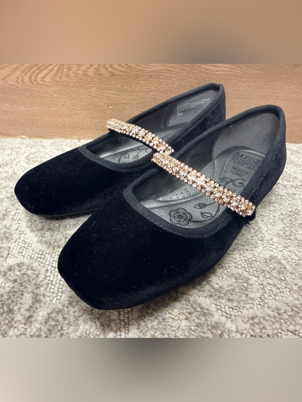 Women's Mootsies Tootsies Black Velvet Mary Jane Flats with Crystal Strap